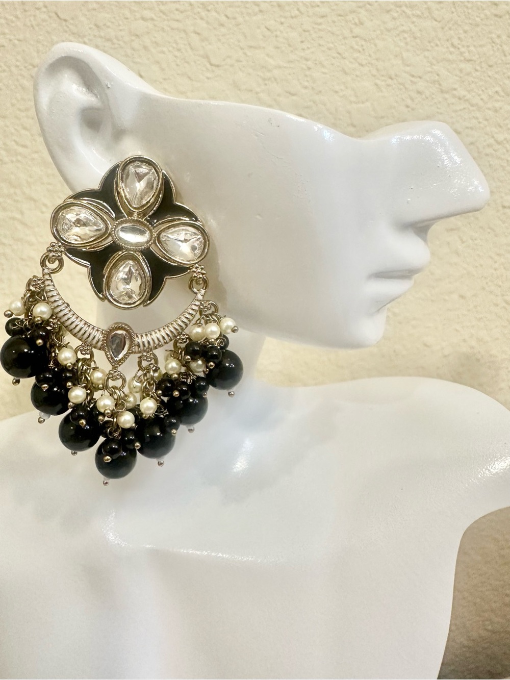 Gold-Plated Chandbali Drop Earrings w/ Black Beads & Clear Crystals